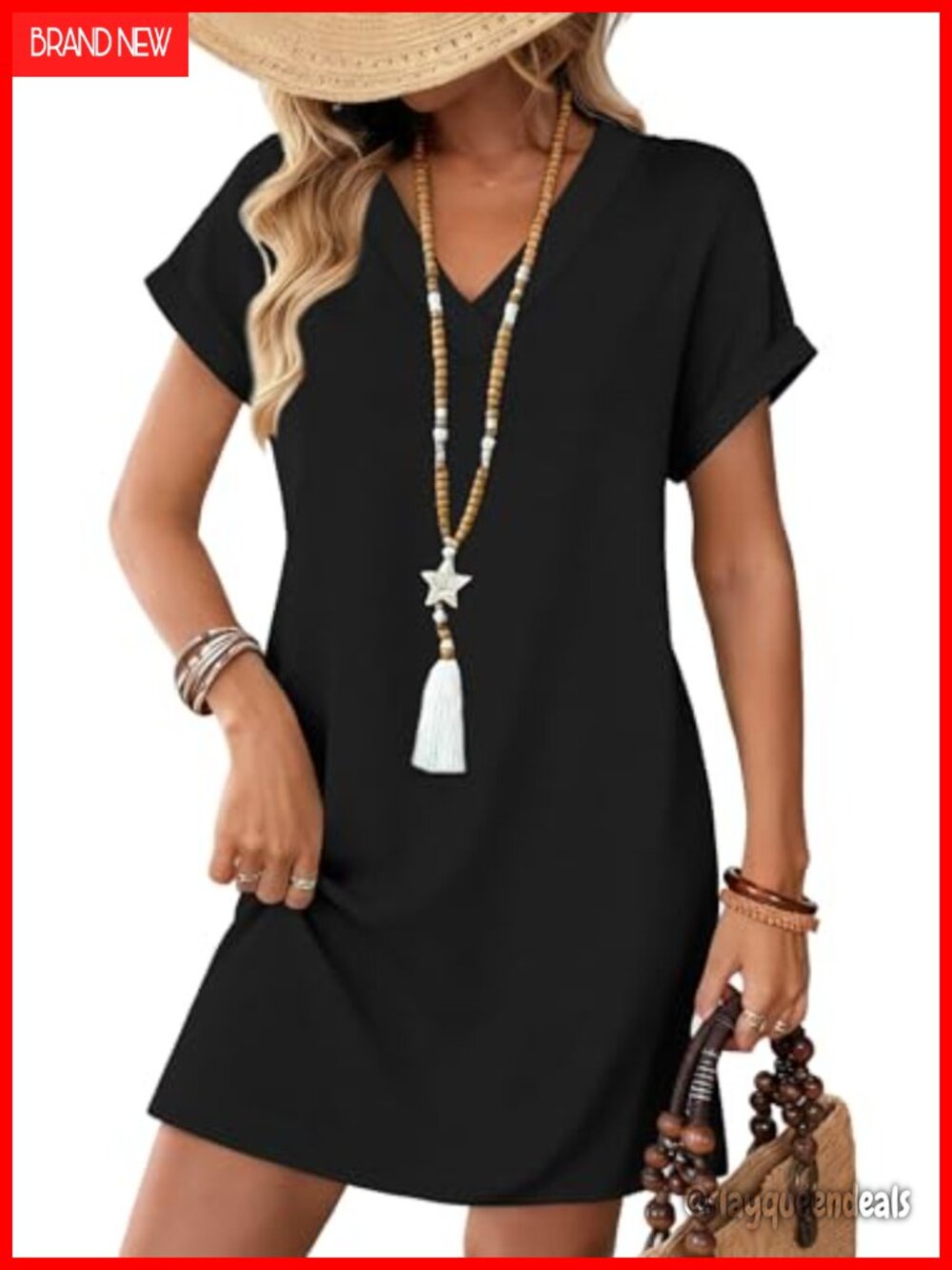 WIHOLL Women's V-Neck T-Shirt Midi Dress with Pockets Casual Summer Beach